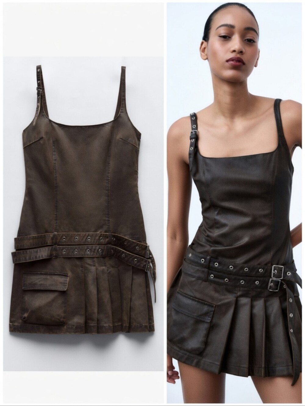 ZARA Biker Buckle Waxed Brown Pleated Skirt Dress, S